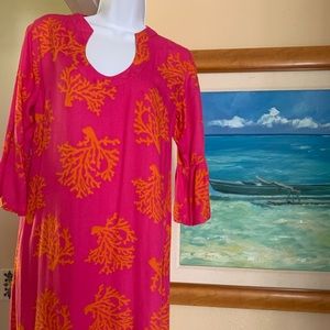 *Escapada S Rayon Pink& Orange Coral 🪸 Print Shift Tunic Mini Dress Bell Sleeve
